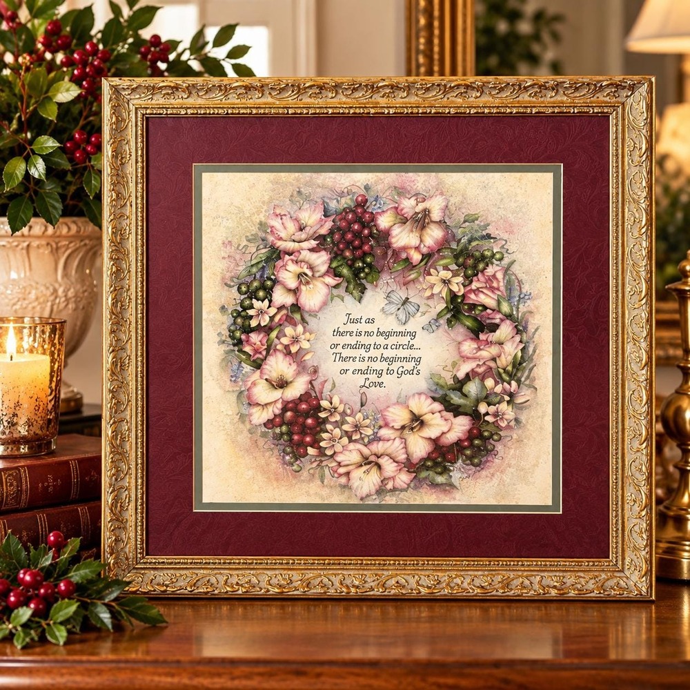 VTG Home Interiors Floral Wreath Scripture Wall Art Gold Frame Burgundy 16x16